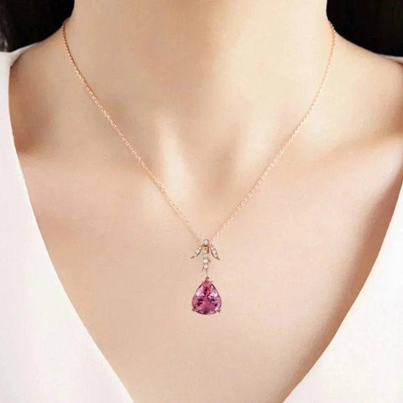 💝 Dazzling Pure Water Drop Leaf Zircon Rose Gold Plated Necklace, EVGG1068 - Picture 2 of 3
